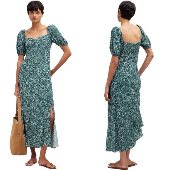 Madewell Puff-Sleeve Sweetheart Midi Dress in Green Ditsy Floral Print - Size 6 - Picture 1 of 11